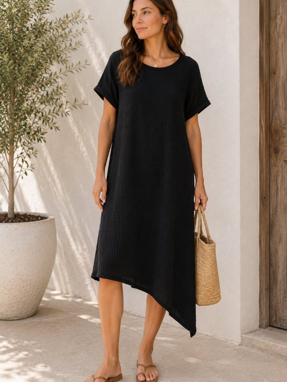 Lisa Bayne Black Gauze Short Sleeve Asymmetrical Midi Tunic Dress Sz S